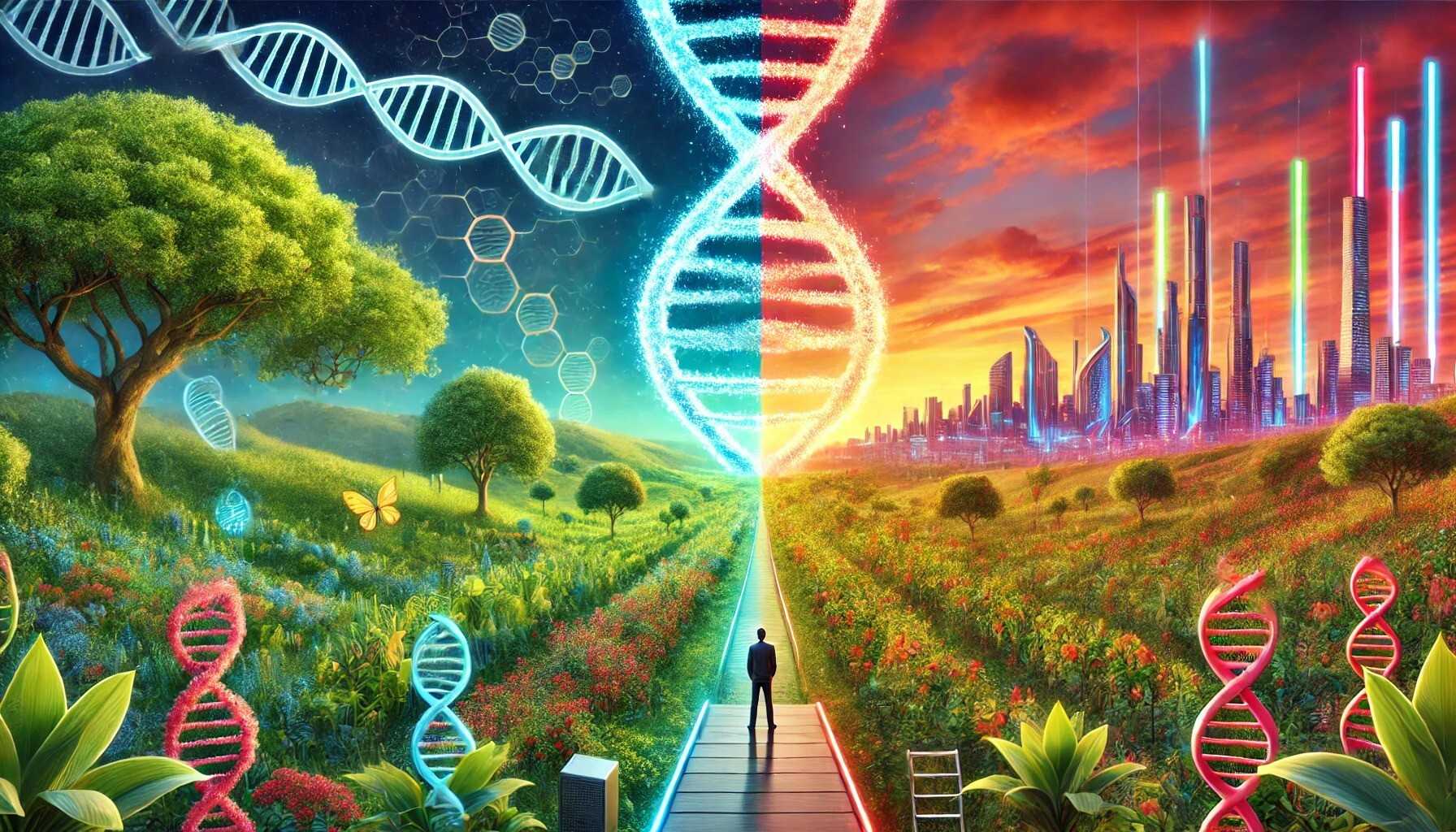 What does it mean to be human in an age where we may hold the power to dictate our biological futures? (Image: TheoristMind, generated by DALL·E AI)