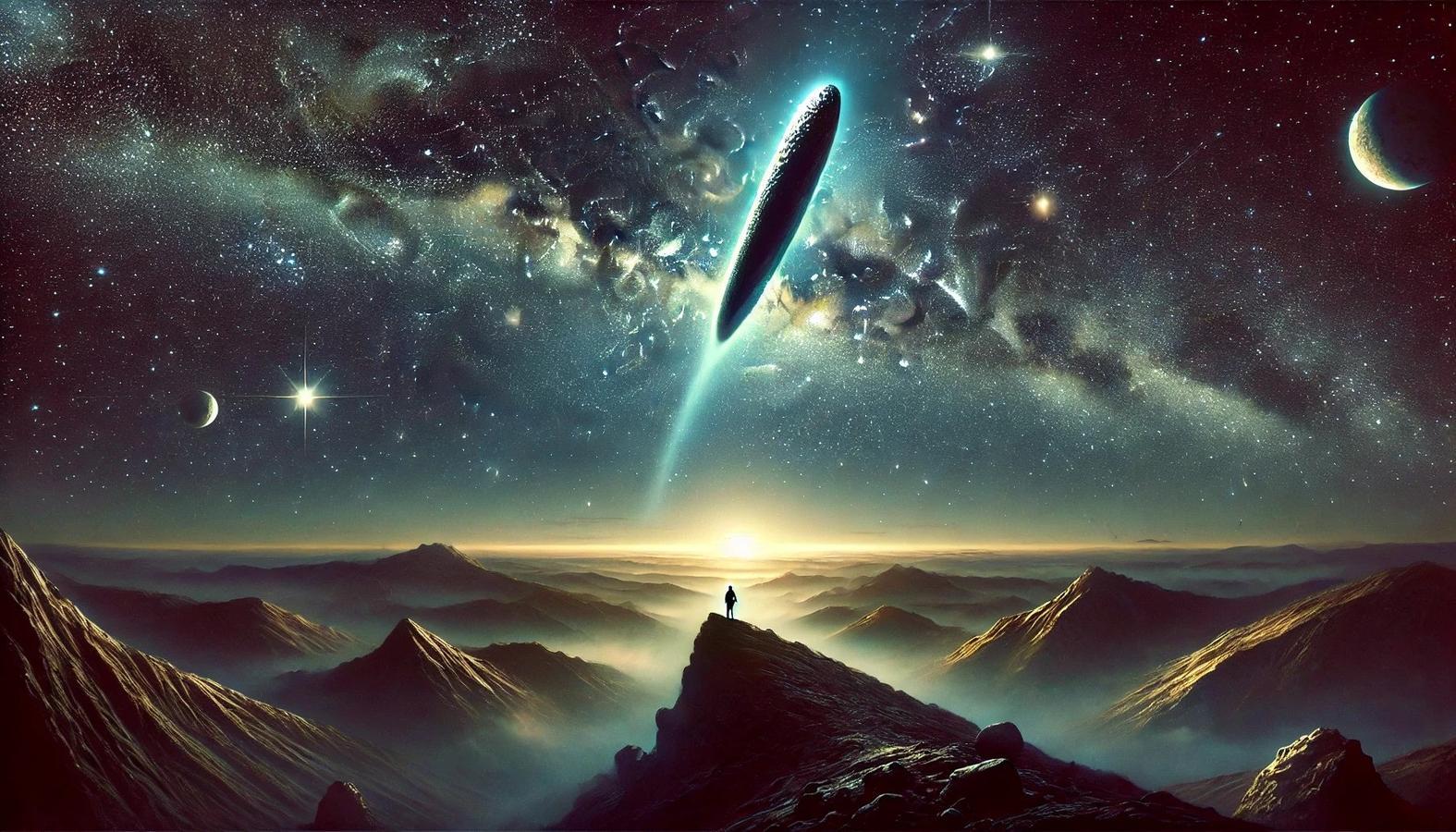 Oumuamua and the way it reflected sunlight have led some scientists to propose the controversial idea that it might be artificially constructed. (Image: TheoristMind, generated by DALL·E AI)