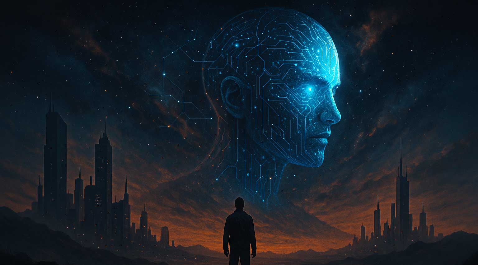 Standing at the edge of progress, we gaze into the luminous unknown — a future shaped by intelligence not our own. Is this the dawn of a new era, or the beginning of something we cannot yet comprehend? (generated image via DALL·E)