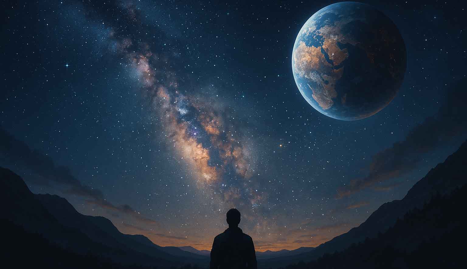 Gazing into the cosmic tapestry: This vast landscape beneath swirling galaxies and distant stars invites us to ponder humanity's place in the universe and the enduring question: Are we alone? (generated image via DALL·E)