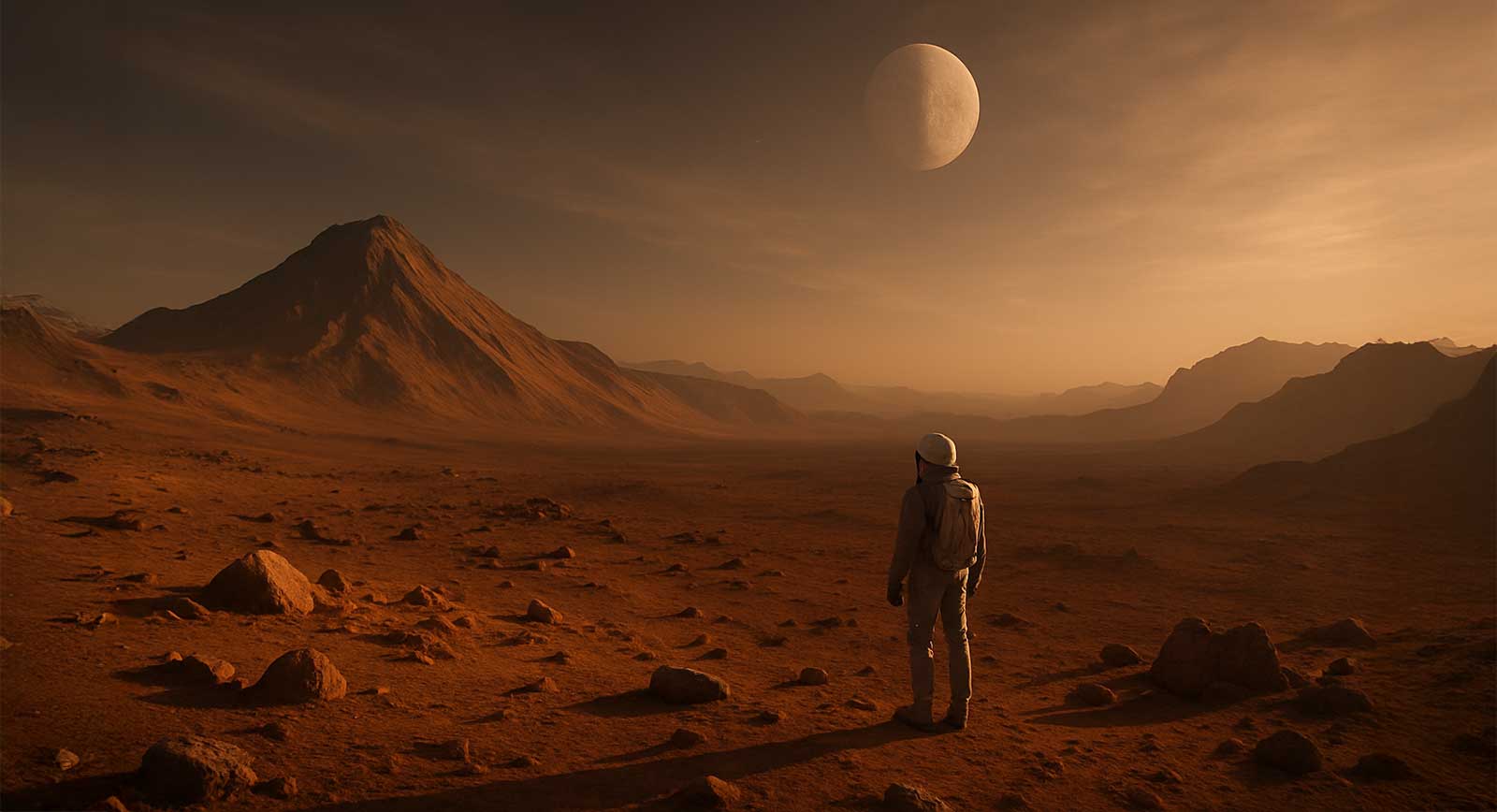 The ancient Martian landscape awaits our arrival — but the true test lies not in conquering new worlds, but in discovering what kind of cosmic citizens we choose to become.  (generated image via DALL·E)