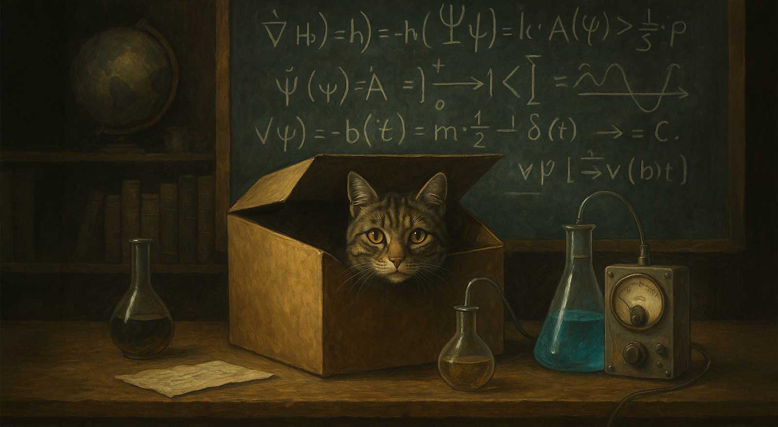 At the quantum threshold where thought meets matter, Schrödinger's cat reminds us: reality might not just be witnessed — it might be woven through consciousness itself. (generated image via DALL·E)